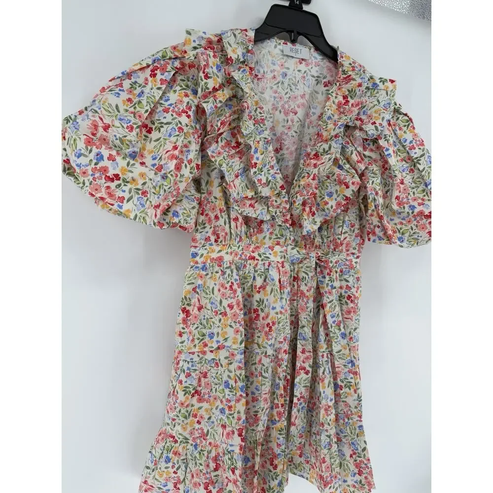 RESET Floral Print Mini Wrap Dress Womens Large White Puff Sleeve Lined - Picture 7 of 13